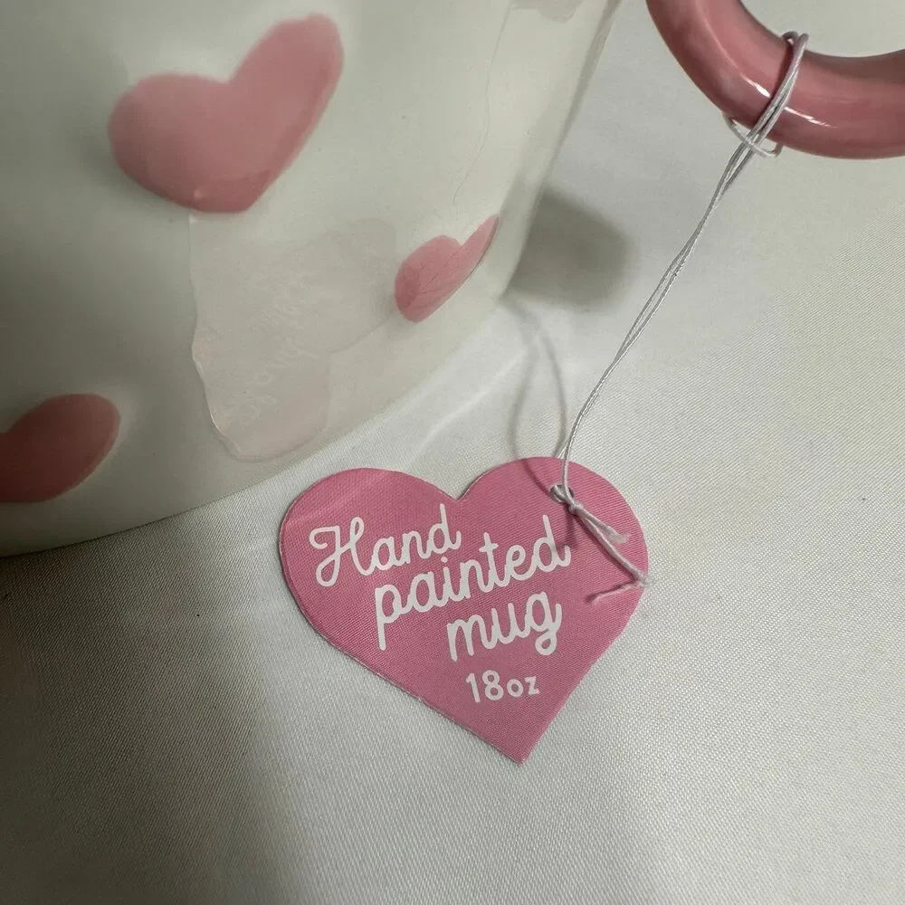 Heart Shape Pink/ White Ceramic Coffee Tea Mug, Painted by Hand 18OZ - Lot of 2